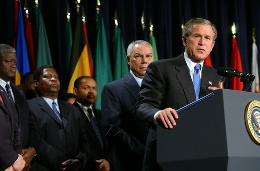 President George W. Bush speaks briefly before signing H.R. 1298, the United States Leadership Against HIV/AIDS, Tuberculosis, and Malaria Act of 2003, at the State Department in Washington, D.C., Tuesday, May 27, 2003. The legislation commits $15 billion to fight AIDS abroad. White House photo by Tina Hager