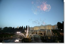 Fireworks explode over Peterhof Palace in St. Petersburg, Russia May 31, 2003 as part of St. Petersburg's 300th anniversary celebration which the President and Mrs. Laura Bush took part in.  White House photo by Paul Morse