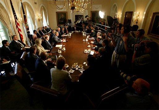 President George W. Bush addresses the media during a Cabinet Meeting in the Cabinet Room Monday, June 9, 2003. The President discussed his recent trip overseas and several domestic issues. White House photo by Eric Draper