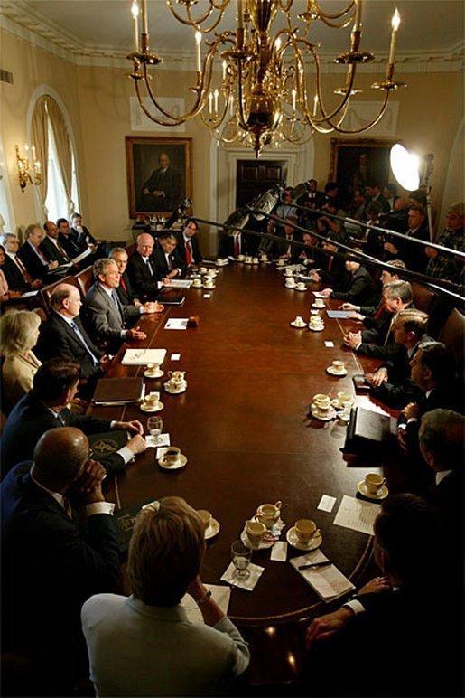 President George W. Bush addresses the media during a Cabinet Meeting in the Cabinet Room Monday, June 9, 2003. The President discussed his recent trip overseas and several domestic issues. White House photo by Eric Draper.