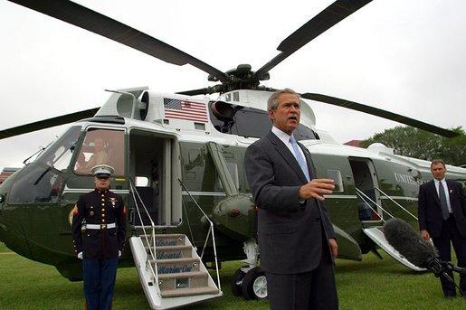 President George W. Bush condemns the bombing in Jerusalem upon his departure from Grant Park in Chicago Wednesday, June 11, 2003. The President visited Chicago to address the Illinois State Medical Society. White House photo by Paul Morse