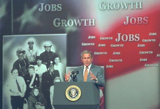 President George W. Bush discusses employment training at Northern Virginia Community College in Annandale, Va., Tuesday, June 17, 2003. "We want an educated work force, to keep this country the most productive in the world," said the President. "And with the right focus and the right policies out of the United States Congress, this is an objective that I'm confident we can achieve." White House photo by Tina Hager