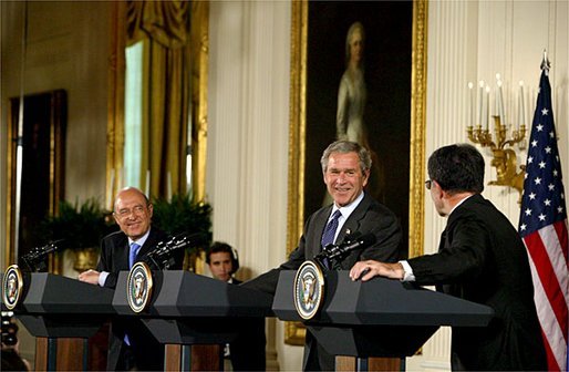 President George W. Bush, European Council President and Greek Prime Minister Konstandinos Simitis, left, and European Commission President Romano Prodi conduct a joint press conference in the East Room Wednesday, June 25, 2003. "We meet at an important moment, a time when the EU is taking in new members and writing a new constitution. And a time when both Europe and America are facing new challenges in the world's peace and prosperity," President Bush said. White House photo by Susan Sterner