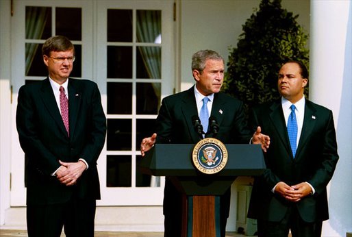 Announcing the national "Do Not Call Registry," President George W. Bush stands with Federal Trade Commission Chairman Timothy Muris, left, and Federal Communications Commission Chairman Michael Powell in the Rose Garden Friday, June 28, 2003. The registry protects privacy by blocking incoming telemarketing calls. White House photo by Susan Sterner.