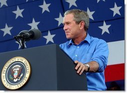 President George W. Bush delivers remarks celebrating our National Independence Day, commemorating the 100th anniversary of flight, and honoring our troops at Wright-Patterson Air Force Base in Dayton, Ohio, July 4, 2003.  White House photo by Tina Hager