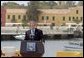 President George W. Bush delivers remarks after touring Goree Island, Senegal, Tuesday, July 8, 2003. "For hundreds of years on this island peoples of different continents met in fear and cruelty. Today we gather in respect and friendship, mindful of past wrongs and dedicated to the advance of human liberty," said the President. White House photo by Paul Morse.