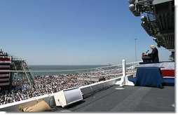 Vice President Dick Cheney speaks at the USS Ronald Reagan Commissioning Ceremony in Norfolk, Va., July 12, 2003. ”President Reagan spent eight years in the White House removing all doubts about the credibility of our forces, or about the clarity of America's purposes,” Vice President Cheney said.  “With complete courage and confidence, he asserted the right of all people and all nations to live in freedom. He believed that history is on the side of liberty, and that all tyrannies are doomed to failure.”   White House photo by David Bohrer