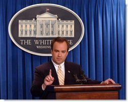 Press Secretary Scott McClellan responds to a question during his White House press briefing, Tuesday, July 15, 2003.  White House photo by Tina Hager