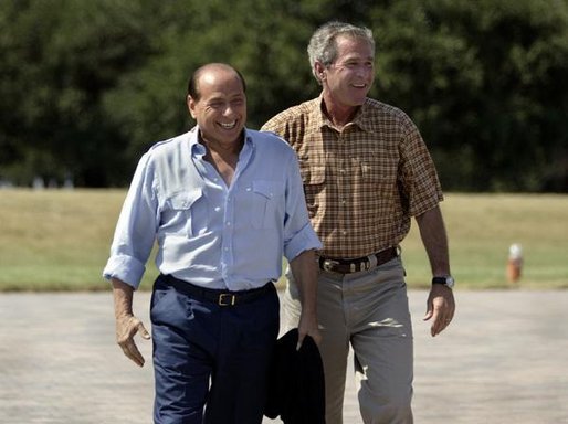 President George W. Bush welcomes Silvio Berlusconi, the Prime Minister of Italy, after his arrival at the Bush Ranch in Crawford, Texas, Sunday, July 20, 2003. White House photo by Paul Morse.
