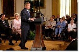 President George W. Bush makes remarks on the 38th anniversary of Medicare in the East Room Wednesday, July 30, 2003. "The 38th anniversary of Medicare is a time for action. The purpose of the Medicare system is to deliver modern medicine to America's seniors. That's the purpose. And in the 21st century, delivering modern medicine requires coverage for prescription drugs," President Bush said.  White House photo by Paul Morse