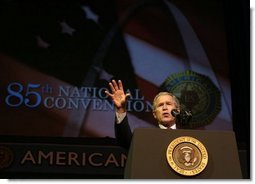 President George W. Bush addresses the 85th Annual American Legion Convention in St. Louis, Mo., Tuesday, Aug. 26, 2003. "In the 20th century, the American flag and the American uniform stood for something unique in history," President Bush said in his remarks. "America's armed forces humbled tyrants and raised up and befriended nations that once fought against us."  White House photo by Paul Morse