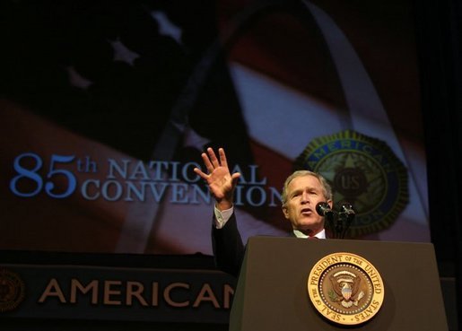 President George W. Bush addresses the 85th Annual American Legion Convention in St. Louis, Mo., Tuesday, Aug. 26, 2003. "In the 20th century, the American flag and the American uniform stood for something unique in history," President Bush said in his remarks. "America's armed forces humbled tyrants and raised up and befriended nations that once fought against us." White House photo by Paul Morse.
