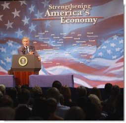 President George W. Bush addresses employees, small business owners and local families at the Langham company in Indianapolis, Indiana, Friday, Sept. 5, 2003.  White House photo by Tina Hager