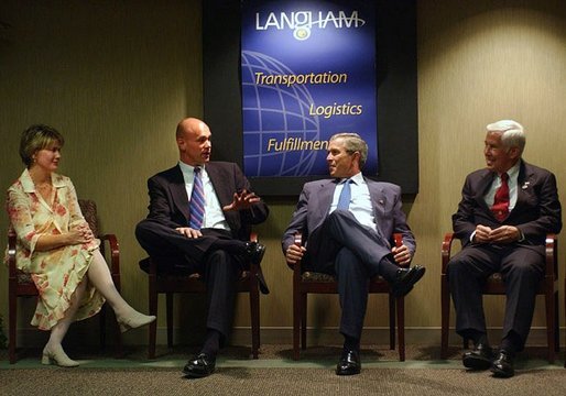 Sitting with Sen. Richard Lugar, R-Ind., President George W. Bush talks with Cathy and Greg Habegger in Indianapolis, Indiana, Friday, Sept. 5, 2003 White House photo by Tina Hager