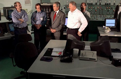 President George W. Bush meets with employees of the Detroit Edison's Monroe Power Plant in Monroe, Mich., Monday, Sept. 15, 2003. "For all the workers who work here, I want you to know you're providing an important service," said the President in his remarks. "You're creating the conditions so people can find a job. You're working hard to make sure somebody can turn on a light switch and they can realize the comforts of modern life." White House photo by Tina Hager.