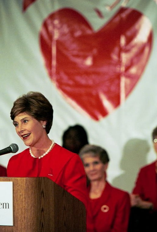 Laura Bush speaks about heart disease risks for women at St. Luke's Hospital in Kansas City, Mo., during a Heart Truth Campaign Event, Sept. 16, 2003. White House photo by Susan Sterner