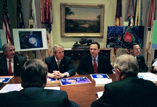 President George W. Bush receives a briefing on Hurricane Isabel in the Roosevelt Room Wednesday, Sept. 17, 2003. White House photo by Paul Morse