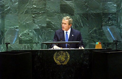 President George W. Bush addresses the United Nations General Assembly in New York City Tuesday, Sept. 23, 2003. "America is working with friends and allies on a new Security Council resolution, which will expand the U.N.'s role in Iraq," said the President in his remarks. White House photo by Tina Hager