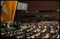 President George W. Bush addresses the United Nations General Assembly in New York City Tuesday, Sept. 23, 2003. "Iraq as a dictatorship had great power to destabilize the Middle East; Iraq as a democracy will have great power to inspire the Middle East," said President Bush in his remarks. White House photo by Tina Hager