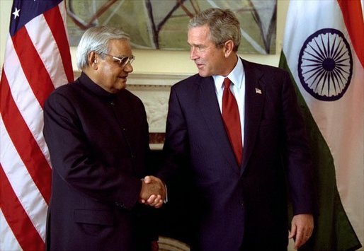 President George W. Bush talks with Indian Prime Minister Atal Bihari Vajpayee during a series of United Nations meetings with world leaders in New York Wednesday, Sept. 24, 2003. White House photo by Paul Morse.
