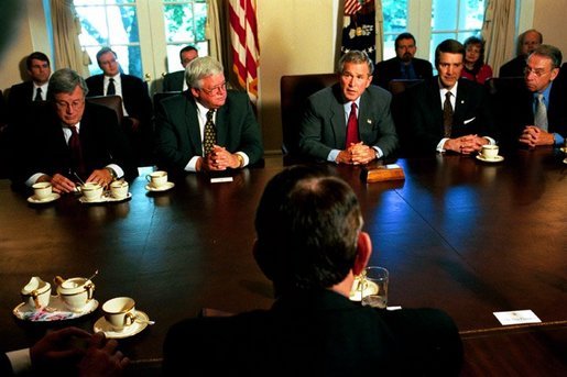 President George W. Bush discusses the progress of Medicare modernization legislation with members of Congress in the Cabinet Room Thursday, Sept. 25, 2003. Pictured sitting next to the President are, from left: Rep. Bill Thomas, R-Calif.; Speaker Dennis Hastert, R-Ill.; Sen. Bill Frist, R-Tenn.; and Sen. Charles Grassley, R-Iowa. White House photo by Tina Hager