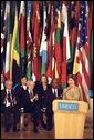 Mrs Bush delivers the keynote address to the United Nations Educational, Scientific and Cultural Organization (UNESCO) General Conference Sept. 9, 2003 at UNESCO headquarters in Paris. White House photo by Susan Sterner
