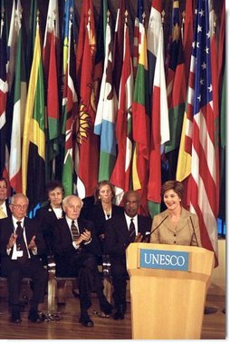 Mrs Bush delivers the keynote address to the United Nations Educational, Scientific and Cultural Organization (UNESCO) General Conference Sept. 9, 2003 at UNESCO headquarters in Paris.  White House photo by Susan Sterner