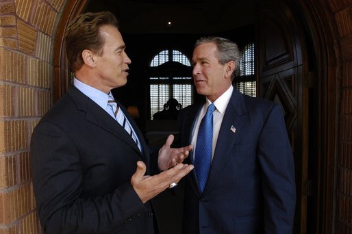 President George W. Bush meets with California Governor-Elect Arnold Schwarzenegger in Riverside, Calif., Thursday, Oct. 16, 2003. White House photo by Eric Draper