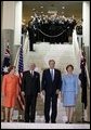 President George W. Bush and Laura Bush stand with Australian Prime Minister John Howard and his wife Jannette Howard at the Parliament House in Canberra, Australia, Oct. 23, 2003.  White House photo by Paul Morse