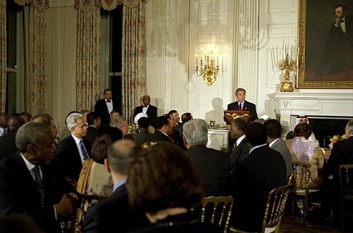 President George W. Bush hosts an Iftaar dinner celebrating Ramadan at the White House Monday, Oct. 28, 2003. "For Muslims in America, and around the world, this holy time is set aside for prayer and fasting," said President Bush. "It is also a good time for people of all faiths to reflect on the values we hold common -- love of family, gratitude to God, and a commitment to religious freedom." White House photo by Susan Sterner.