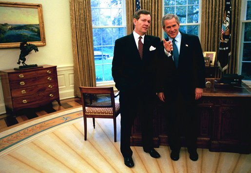 President George W. Bush meets with Mike Leavitt, the new administrator for the Environmental Protection Agency in the Oval Office Wednesday, Nov 12, 2003. White House photo by Eric Draper