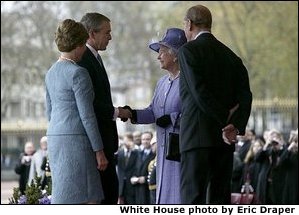 Arriving for the official ceremonial welcome for America's State Visit, President George W. Bush and Laura Bush are greeted by Her Majesty Queen Elizabeth and Prince Philip, Duke of Edinburgh, at Buckingham Palace in London Wednesday, Nov. 19, 2003. White House photo by Eric Draper.
