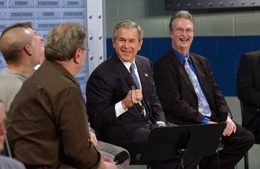 President George W. Bush discusses jobs and the economy with employers and employees from the Detroit metropolitan area at Dynamic Metal Treating in Canton, Mich., Monday, Dec. 1, 2003. White House photo by Tina Hager.