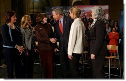 President George W. Bush thanks women business owners for participating in a conversation about the economy at the U.S. Department of Commerce in Washington, D.C., Friday, Jan. 9, 2004. From left, they are: Lurita Doan of Reston, Va.; Maria Coakley David of Falls Church, Va.; Sharon Evans of Fort Worth, Texas; Nancy Connolly of Littleton, Mass.; and Catherine Giordano Virginia Beach, Va.  White House photo by Tina Hager