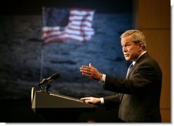 President George W. Bush delivers remarks on U.S. Space Policy at NASA headquarters in Washington, D.C., Wednesday, Jan. 14, 2004. The President committed the United States to a long-term human and robotic program to explore the solar system, starting with a return to the Moon that will ultimately enable future exploration of Mars and other destinations.  White House photo by Eric Draper