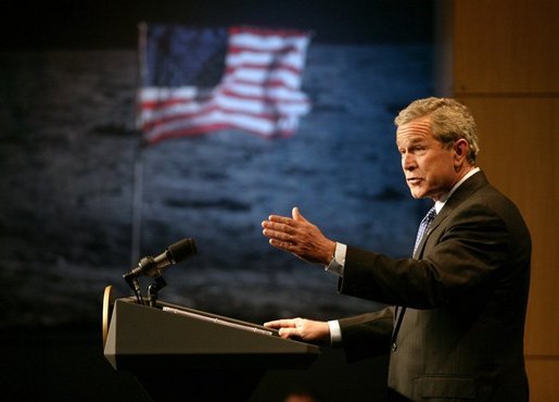President George W. Bush delivers remarks on U.S. Space Policy at NASA headquarters in Washington, D.C., Wednesday, Jan. 14, 2004. The President committed the United States to a long-term human and robotic program to explore the solar system, starting with a return to the Moon that will ultimately enable future exploration of Mars and other destinations. White House photo by Eric Draper