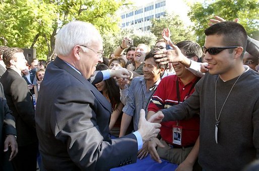 Vice President Dick Cheney shakes hands with NASA staff at the Jet Propulsion Laboratory in Pasadena, Calif., Jan 14, 2004. White House photo by David Bohrer