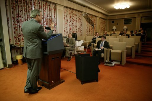 President George W. Bush prepares for the State of the Union speech in the Family Theater of the White House Monday, January 19, 2004. White House photo by Eric Draper.
