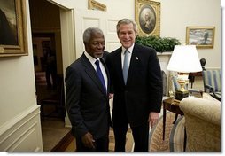 President George W. Bush welcomes United Nations Secretary General Kofi Annan to the Oval Office Tuesday, Feb. 3, 2004. After their meeting, they addressed the press.   White House photo by Paul Morse