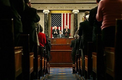 Vice President Dick Cheney and Speaker of the House Dennis Hastert, right, welcome Spanish President Jose Maria Aznar, center, before he addresses the joint session of congress in the U.S. Capitol Feb. 4, 2004. White House photo by David Bohrer