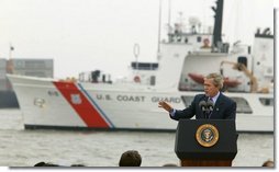 President George W. Bush discusses seaport and cargo security at the Port of Charleston, S.C., Feb. 5, 2004.  White House photo by Paul Morse