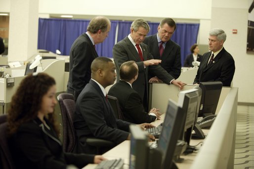 President George W. Bush tours the National Targeting Center in Reston, Va., Friday, February 6, 2004. Part of Homeland Security's Bureau of Customs and Border Protection, the center provides analytical research support for counterterrorism efforts. White House photo by Paul Morse