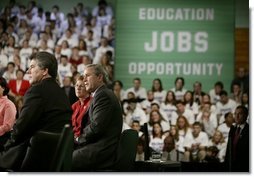 President George W. Bush during a conversation on the Economy and the Jobs for the 21st Century Initiative at Central Dauphin High School in Harrisburg, PA.  White House photo by Paul Morse