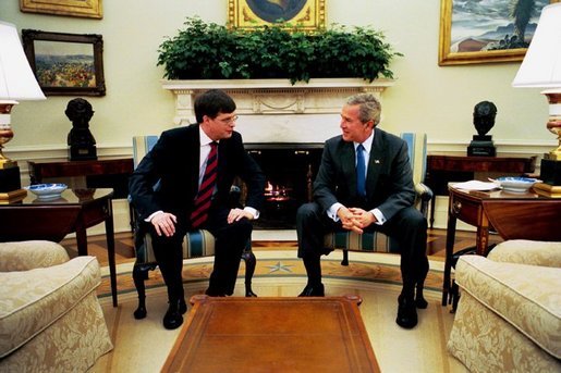 President George W. Bush meets with Prime Minister of the Netherlands Jan Peter Balkenende in the Oval office. Tuesday, March 16, 2004. White House photo by Tina Hager