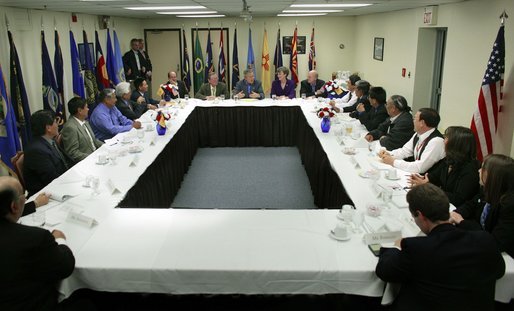 President George W. Bush meets with New Mexico Pueblo Governors at Kirtland Air Force Base in Albuquerque, N.M., Friday, March 26, 2004. There are nineteen pueblos in New Mexico. White House photo by Eric Draper