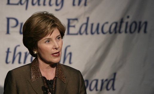 First Lady Mrs. Laura Bush answers question from the press after giving remarks to the National School Boards Association 64th annual conference in Orlando, FL on March 29, 2004. White House photo by Paul Morse