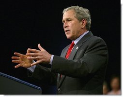 President George W. Bush delivers remarks on the economy at Fox Cities Performing Arts Center in Appleton, Wis., Tuesday, March 30, 2004.  White House photo by Eric Draper