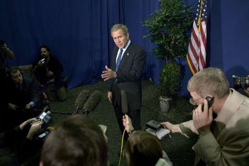President George W. Bush speaks to the White House Press Pool in Charlotte, N.C., Monday, April 5, 2004. White House photo by Eric Draper