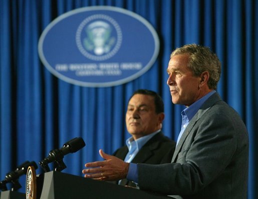 President George W. Bush and President Hosni Mubarak of Egypt discuss peace in the Middle East during a joint press conference at the President's ranch in Texas Monday, April 12, 2004. White House photo by Eric Draper.
