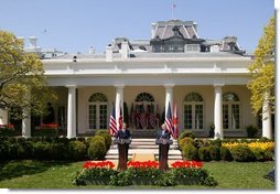 President George W. Bush and Prime Minister Tony Blair hold a press conference in the Rose Garden of the White House on April 16, 2004.  White House photo by Paul Morse
